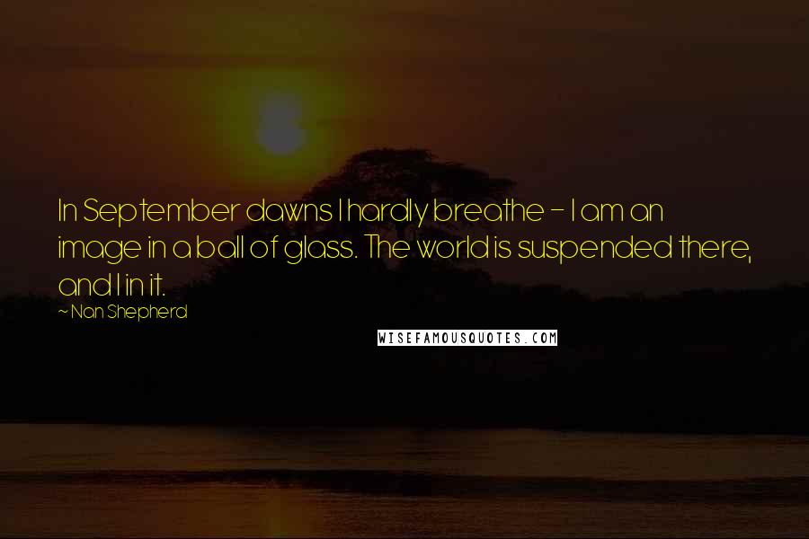 Nan Shepherd Quotes: In September dawns I hardly breathe - I am an image in a ball of glass. The world is suspended there, and I in it.