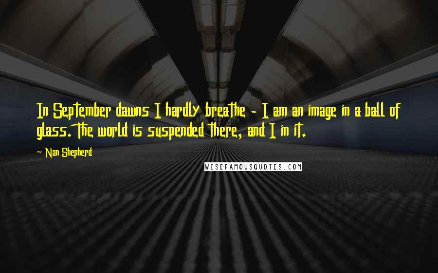 Nan Shepherd Quotes: In September dawns I hardly breathe - I am an image in a ball of glass. The world is suspended there, and I in it.
