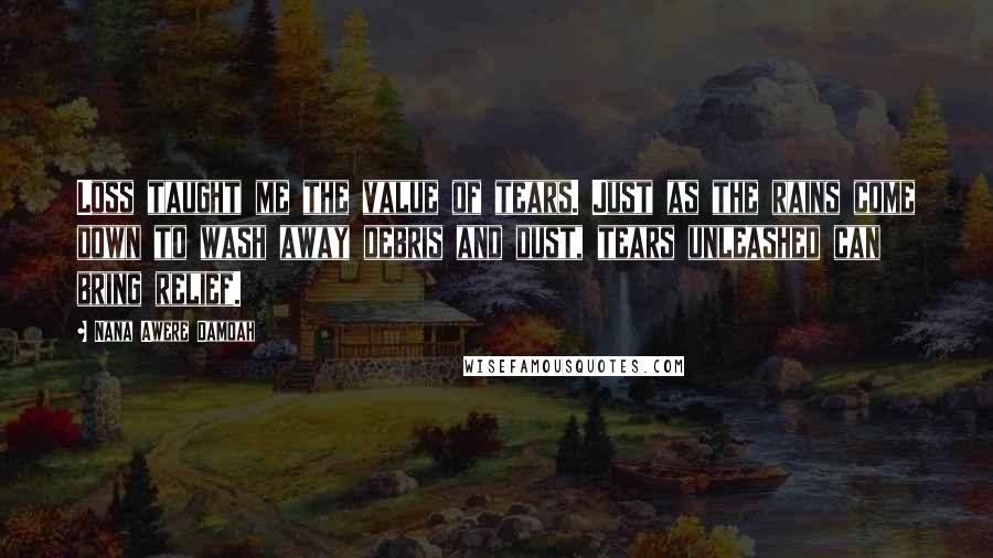 Nana Awere Damoah Quotes: Loss taught me the value of tears. Just as the rains come down to wash away debris and dust, tears unleashed can bring relief.