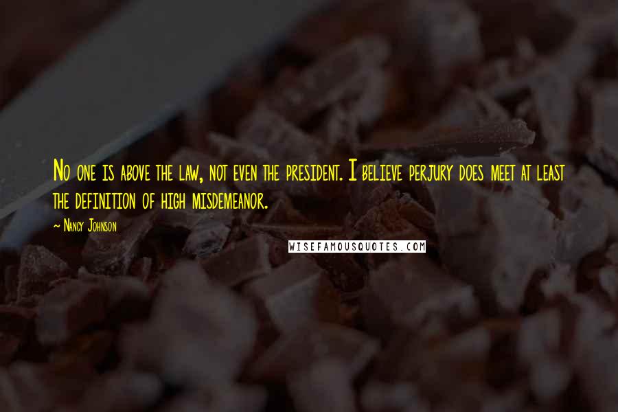 Nancy Johnson Quotes: No one is above the law, not even the president. I believe perjury does meet at least the definition of high misdemeanor.