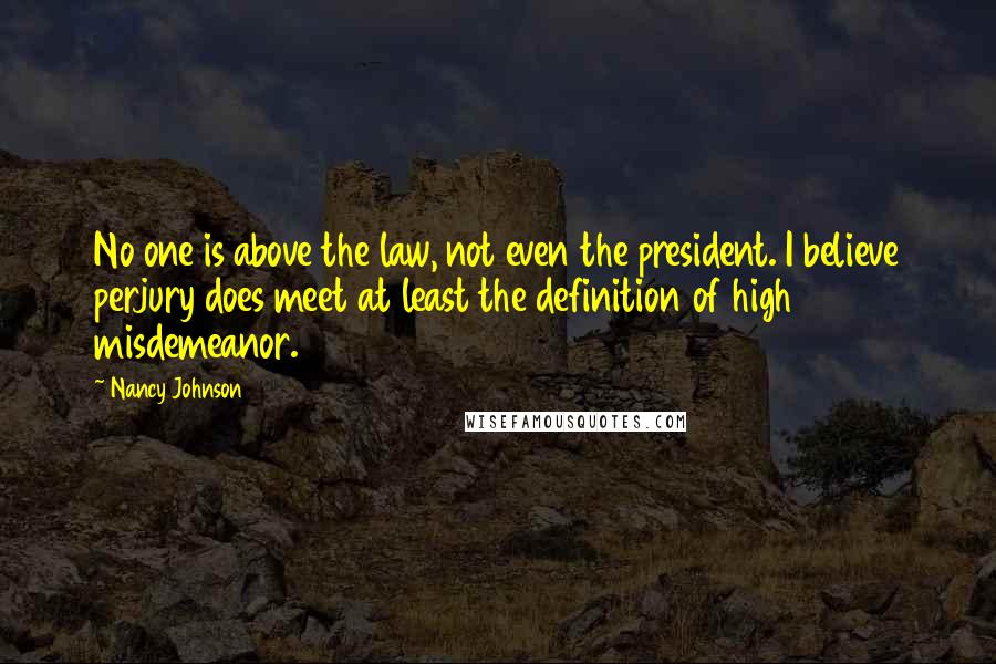 Nancy Johnson Quotes: No one is above the law, not even the president. I believe perjury does meet at least the definition of high misdemeanor.