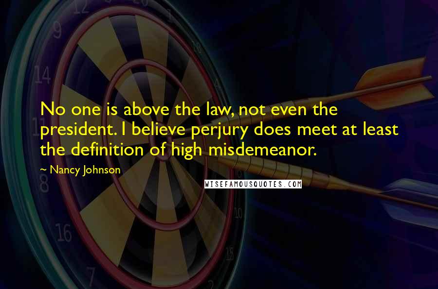 Nancy Johnson Quotes: No one is above the law, not even the president. I believe perjury does meet at least the definition of high misdemeanor.