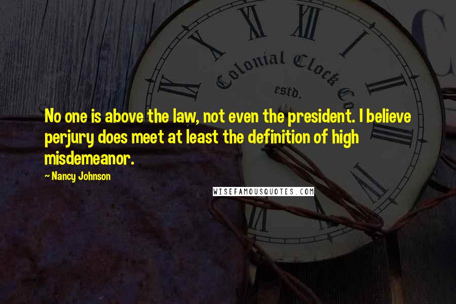 Nancy Johnson Quotes: No one is above the law, not even the president. I believe perjury does meet at least the definition of high misdemeanor.