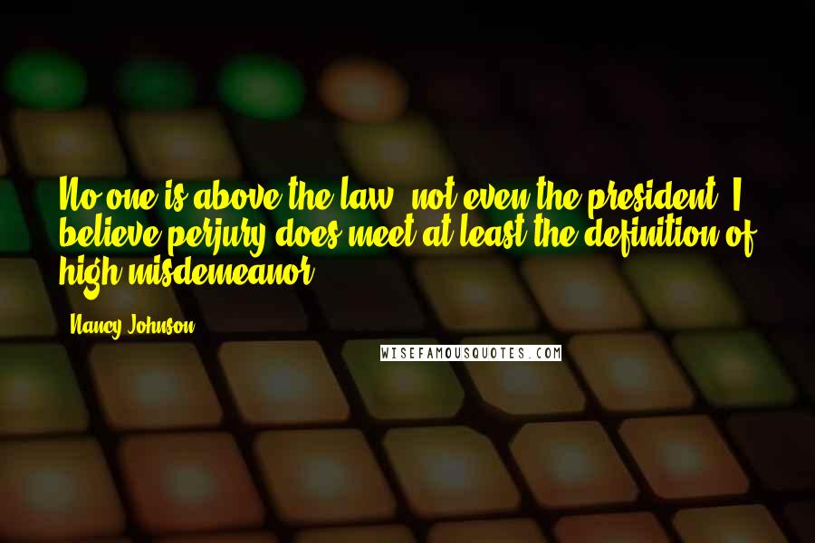 Nancy Johnson Quotes: No one is above the law, not even the president. I believe perjury does meet at least the definition of high misdemeanor.