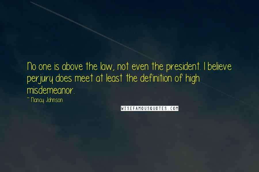 Nancy Johnson Quotes: No one is above the law, not even the president. I believe perjury does meet at least the definition of high misdemeanor.