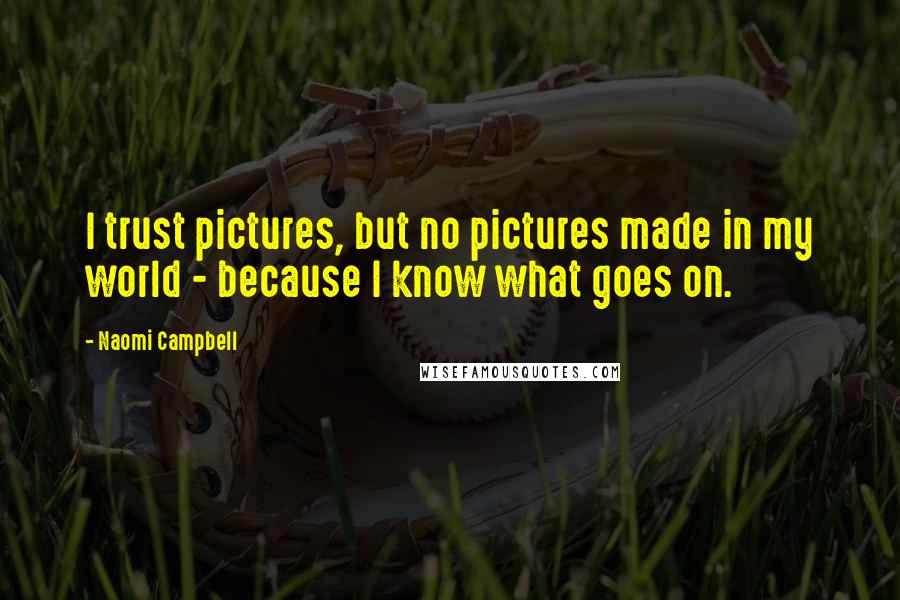 Naomi Campbell Quotes: I trust pictures, but no pictures made in my world - because I know what goes on.