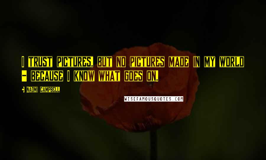 Naomi Campbell Quotes: I trust pictures, but no pictures made in my world - because I know what goes on.