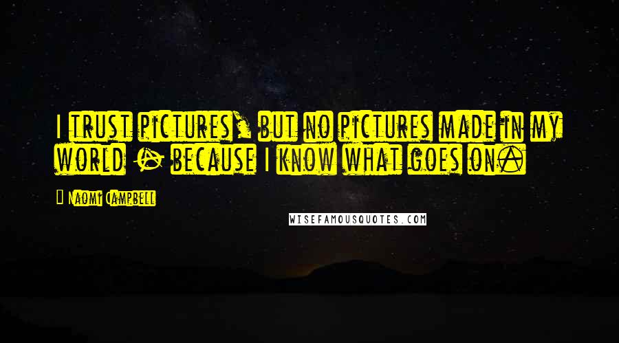 Naomi Campbell Quotes: I trust pictures, but no pictures made in my world - because I know what goes on.