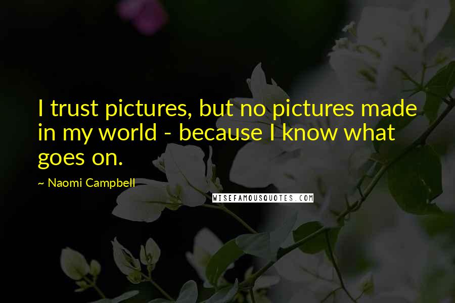 Naomi Campbell Quotes: I trust pictures, but no pictures made in my world - because I know what goes on.