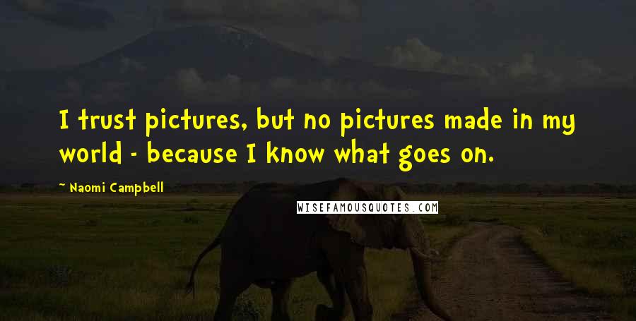 Naomi Campbell Quotes: I trust pictures, but no pictures made in my world - because I know what goes on.
