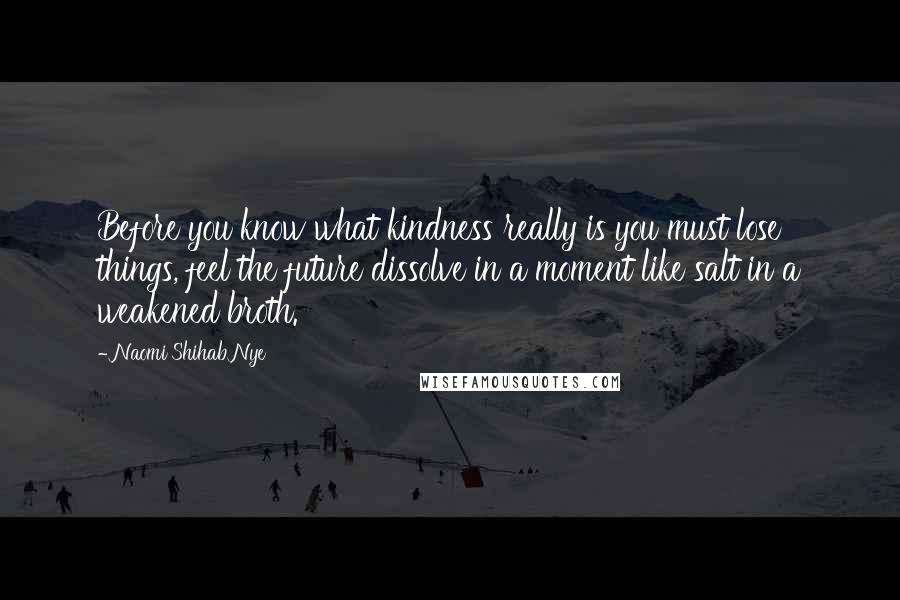 Naomi Shihab Nye Quotes: Before you know what kindness really is you must lose things, feel the future dissolve in a moment like salt in a weakened broth.