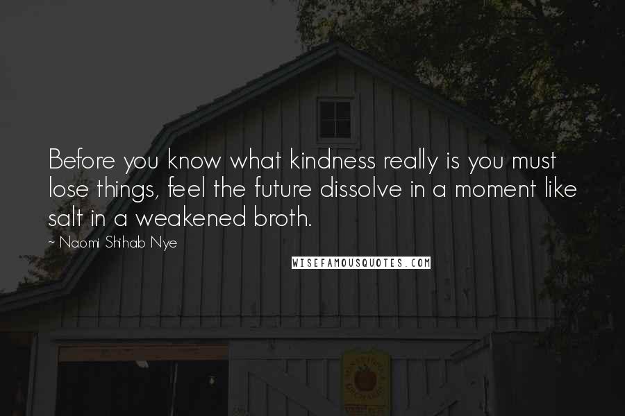 Naomi Shihab Nye Quotes: Before you know what kindness really is you must lose things, feel the future dissolve in a moment like salt in a weakened broth.