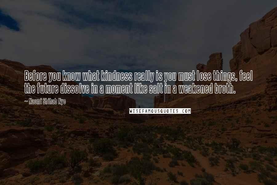 Naomi Shihab Nye Quotes: Before you know what kindness really is you must lose things, feel the future dissolve in a moment like salt in a weakened broth.