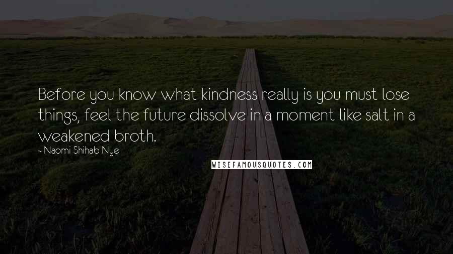 Naomi Shihab Nye Quotes: Before you know what kindness really is you must lose things, feel the future dissolve in a moment like salt in a weakened broth.