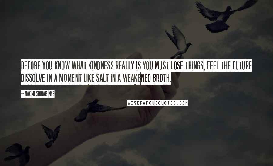 Naomi Shihab Nye Quotes: Before you know what kindness really is you must lose things, feel the future dissolve in a moment like salt in a weakened broth.