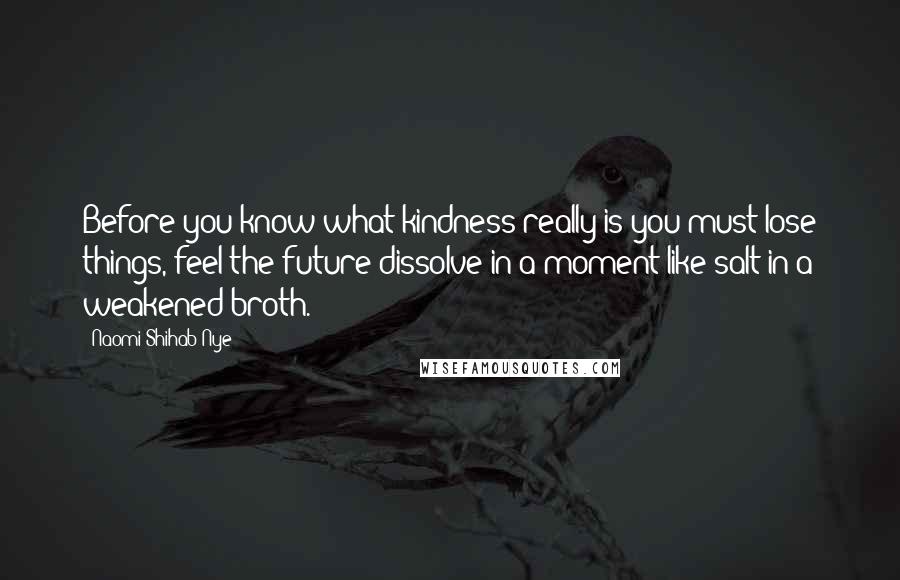 Naomi Shihab Nye Quotes: Before you know what kindness really is you must lose things, feel the future dissolve in a moment like salt in a weakened broth.