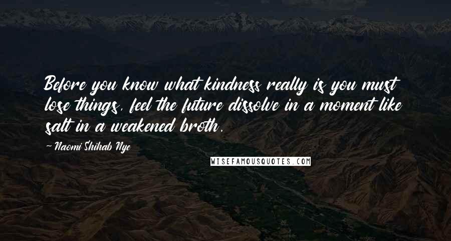 Naomi Shihab Nye Quotes: Before you know what kindness really is you must lose things, feel the future dissolve in a moment like salt in a weakened broth.