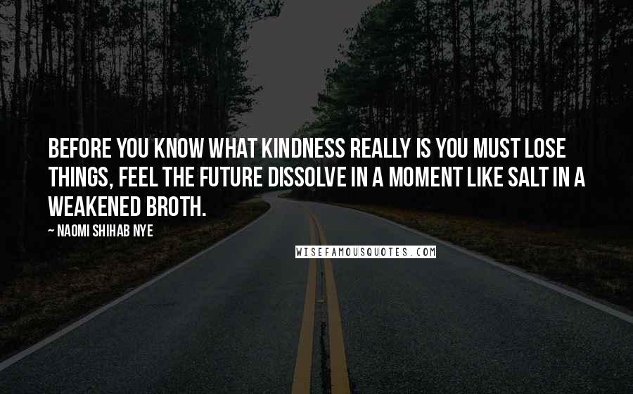 Naomi Shihab Nye Quotes: Before you know what kindness really is you must lose things, feel the future dissolve in a moment like salt in a weakened broth.