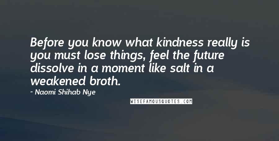 Naomi Shihab Nye Quotes: Before you know what kindness really is you must lose things, feel the future dissolve in a moment like salt in a weakened broth.