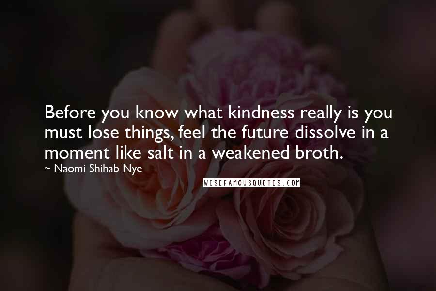 Naomi Shihab Nye Quotes: Before you know what kindness really is you must lose things, feel the future dissolve in a moment like salt in a weakened broth.