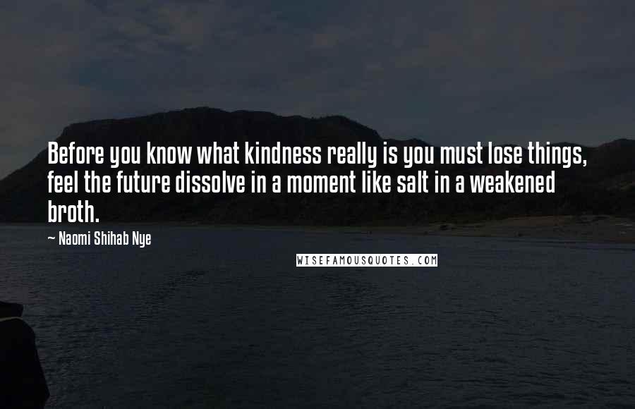 Naomi Shihab Nye Quotes: Before you know what kindness really is you must lose things, feel the future dissolve in a moment like salt in a weakened broth.