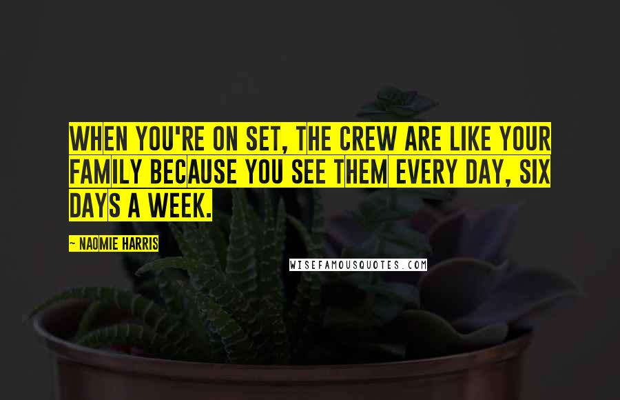Naomie Harris Quotes: When you're on set, the crew are like your family because you see them every day, six days a week.