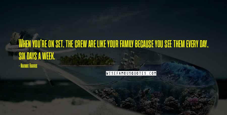 Naomie Harris Quotes: When you're on set, the crew are like your family because you see them every day, six days a week.