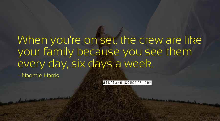 Naomie Harris Quotes: When you're on set, the crew are like your family because you see them every day, six days a week.