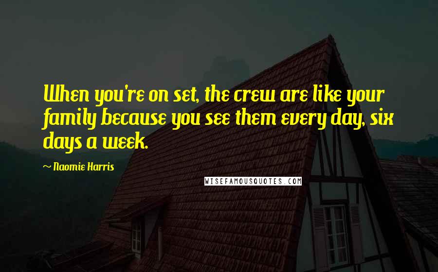 Naomie Harris Quotes: When you're on set, the crew are like your family because you see them every day, six days a week.