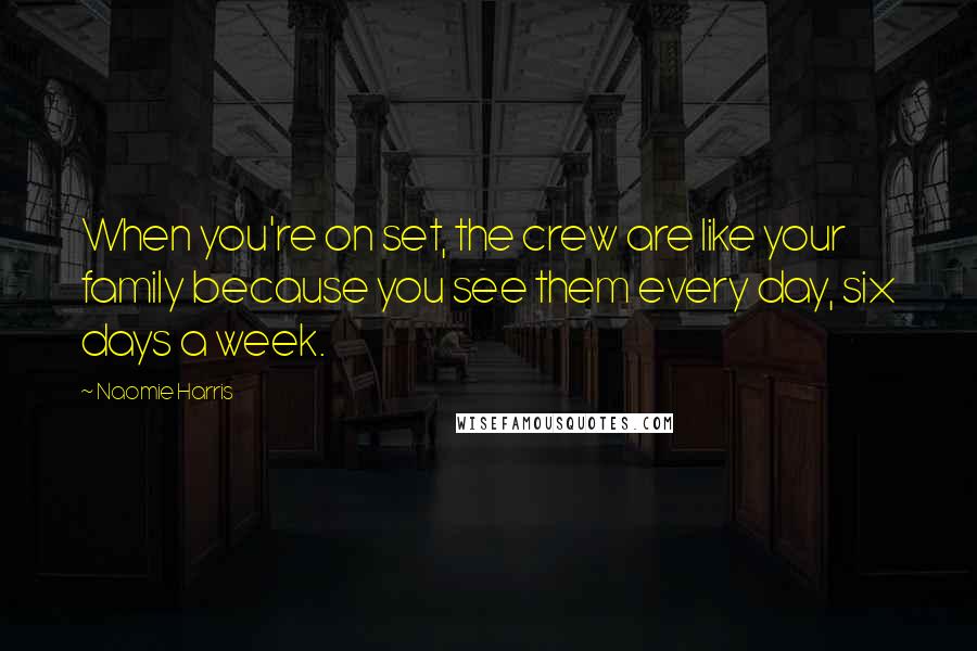 Naomie Harris Quotes: When you're on set, the crew are like your family because you see them every day, six days a week.