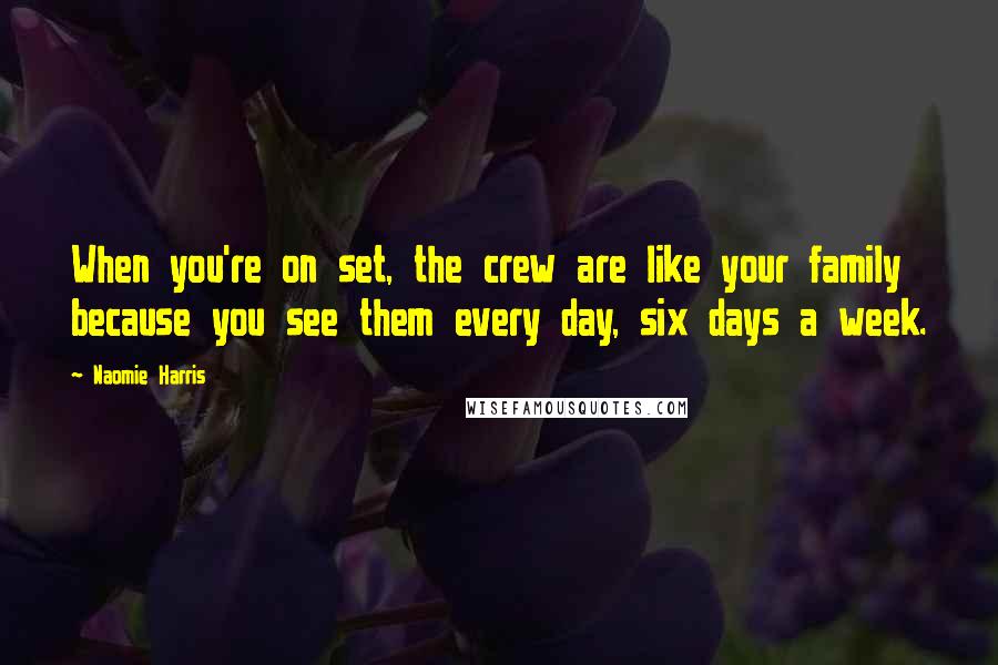 Naomie Harris Quotes: When you're on set, the crew are like your family because you see them every day, six days a week.
