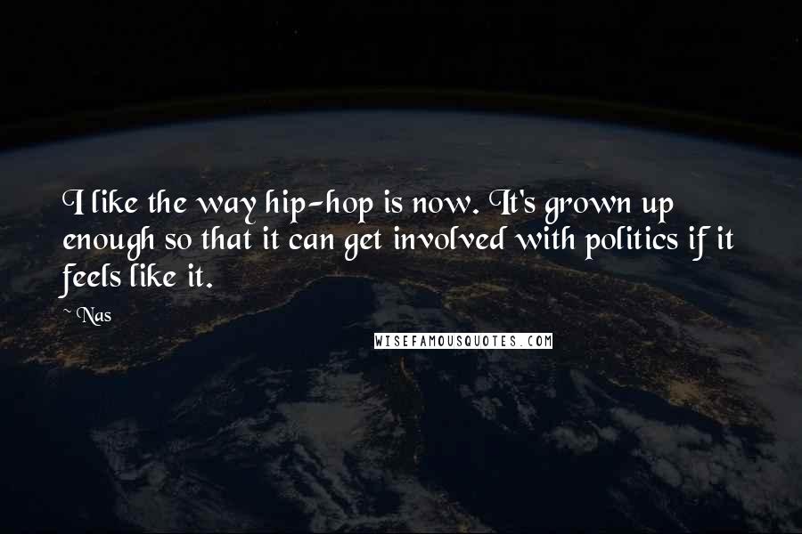 Nas Quotes: I like the way hip-hop is now. It's grown up enough so that it can get involved with politics if it feels like it.