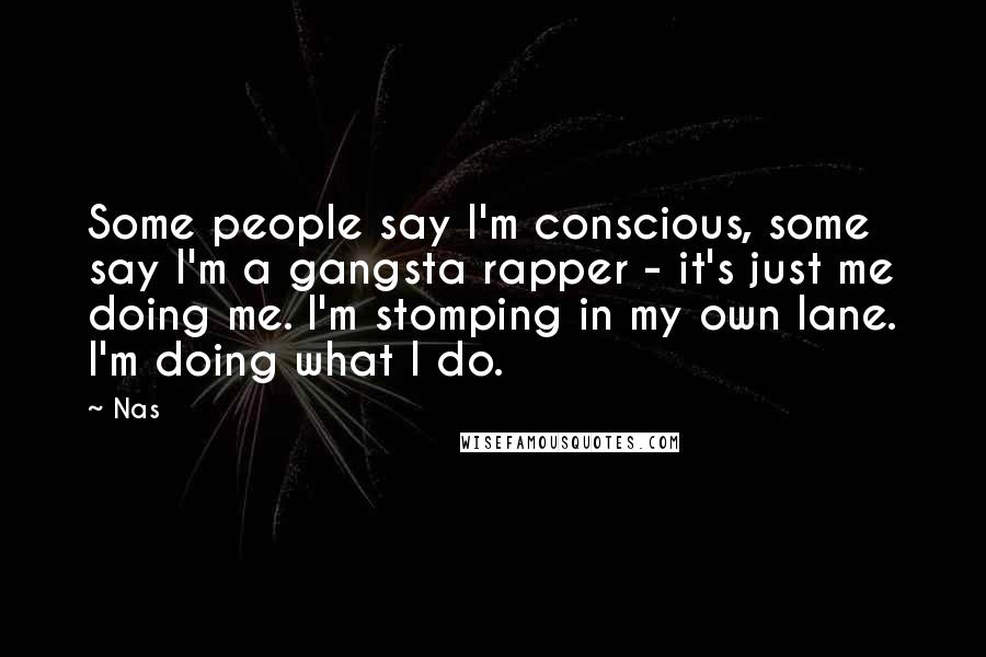 Nas Quotes: Some people say I'm conscious, some say I'm a gangsta rapper - it's just me doing me. I'm stomping in my own lane. I'm doing what I do.