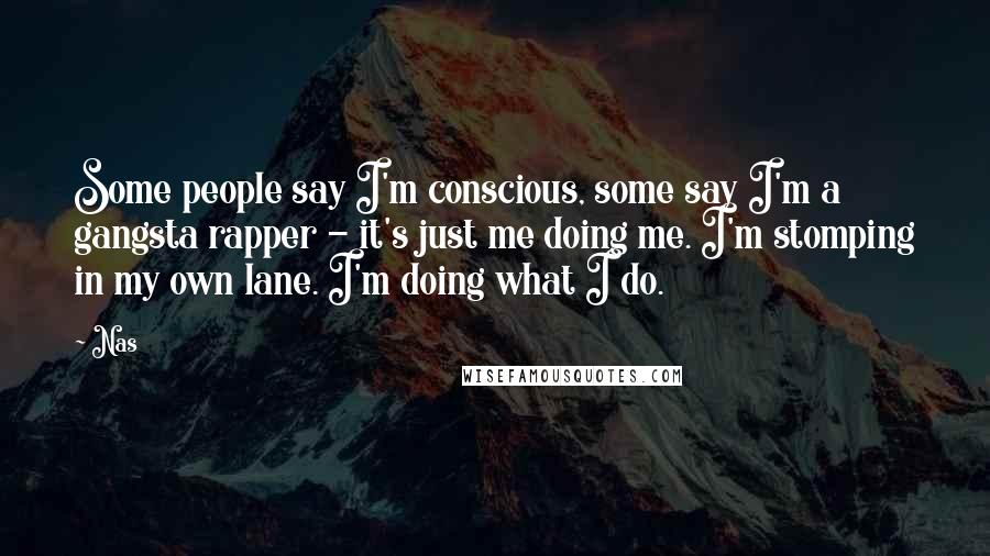 Nas Quotes: Some people say I'm conscious, some say I'm a gangsta rapper - it's just me doing me. I'm stomping in my own lane. I'm doing what I do.