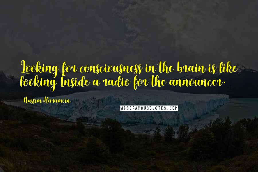 Nassim Haramein Quotes: Looking for consciousness in the brain is like looking Inside a radio for the announcer.