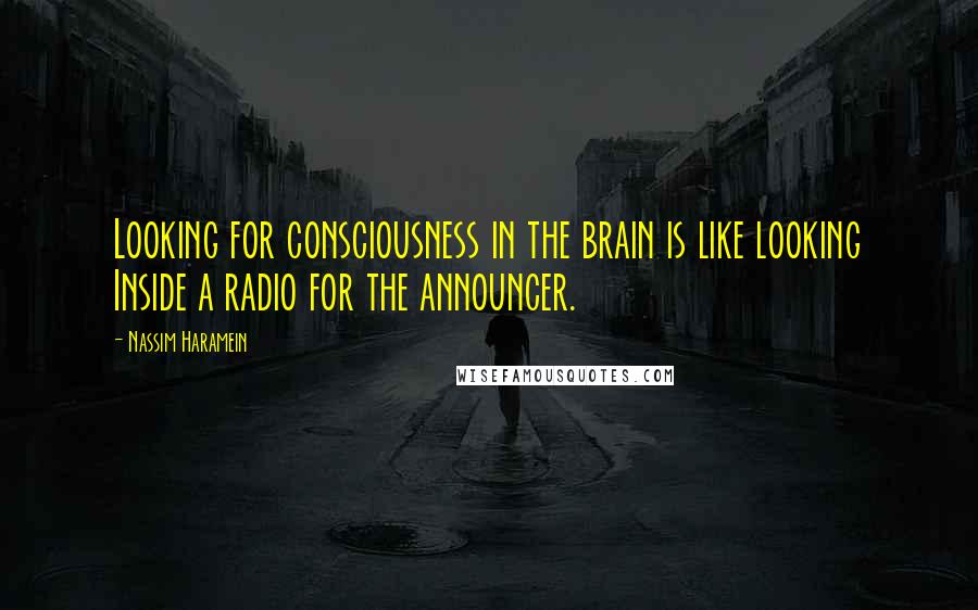 Nassim Haramein Quotes: Looking for consciousness in the brain is like looking Inside a radio for the announcer.