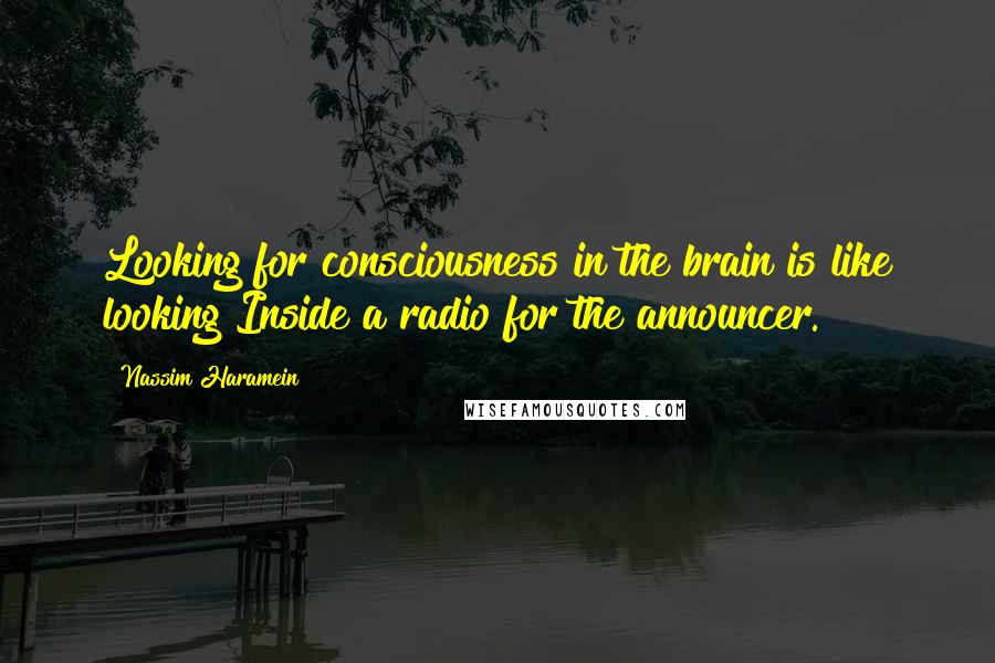 Nassim Haramein Quotes: Looking for consciousness in the brain is like looking Inside a radio for the announcer.