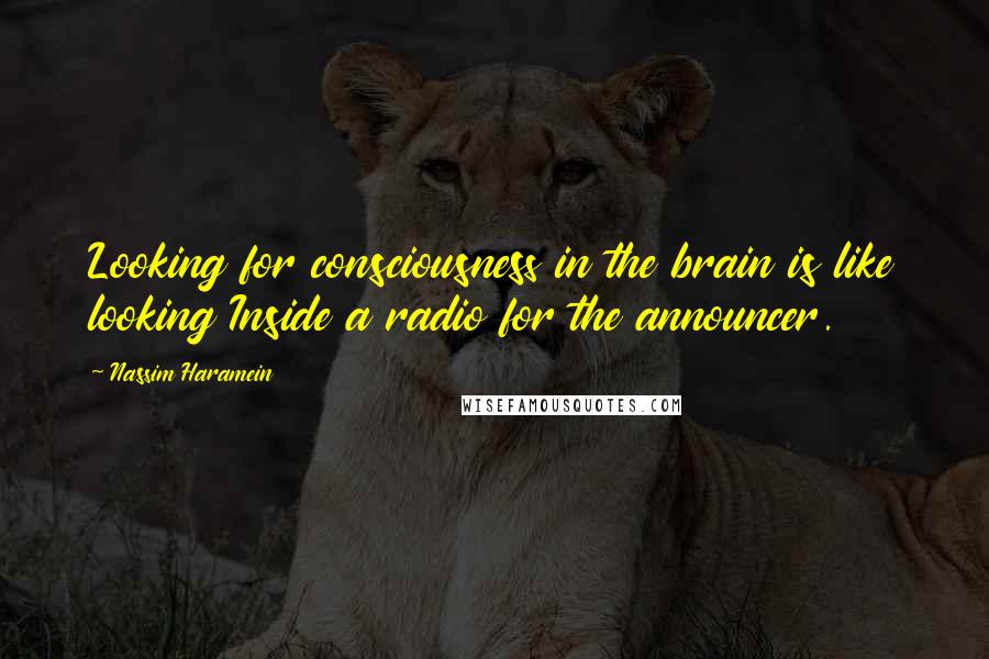 Nassim Haramein Quotes: Looking for consciousness in the brain is like looking Inside a radio for the announcer.