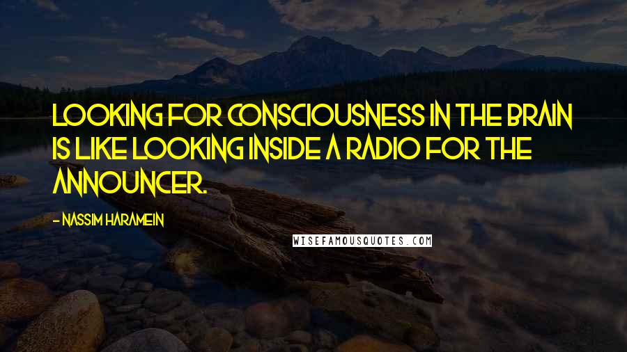 Nassim Haramein Quotes: Looking for consciousness in the brain is like looking Inside a radio for the announcer.