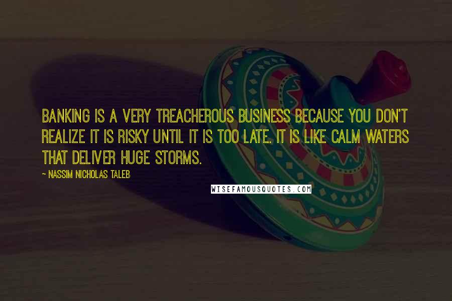 Nassim Nicholas Taleb Quotes: Banking is a very treacherous business because you don't realize it is risky until it is too late. It is like calm waters that deliver huge storms.