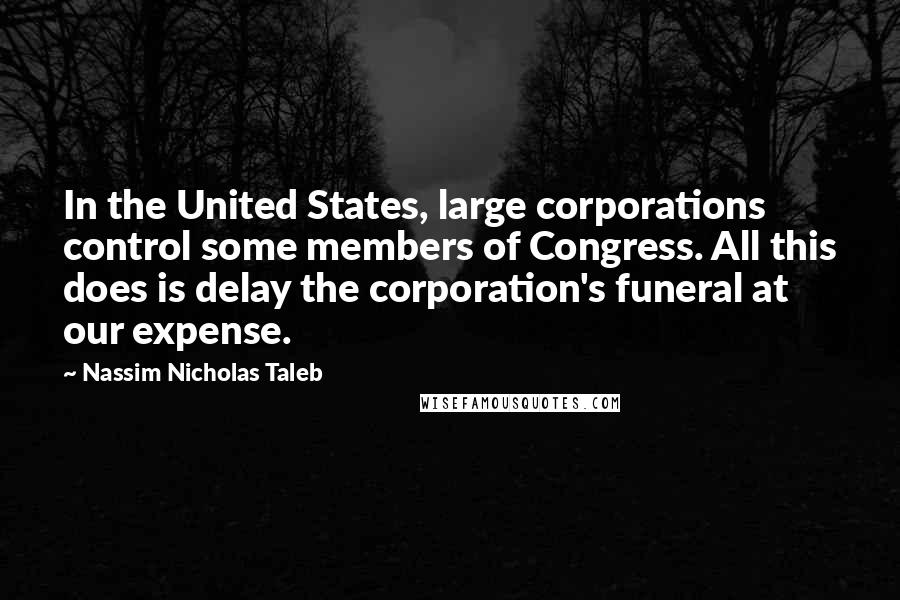 Nassim Nicholas Taleb Quotes: In the United States, large corporations control some members of Congress. All this does is delay the corporation's funeral at our expense.