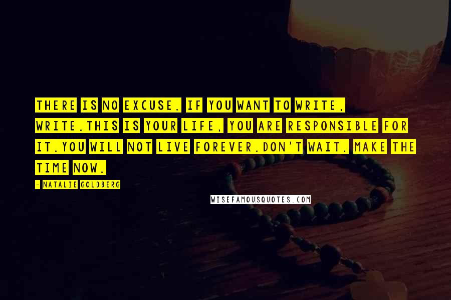 Natalie Goldberg Quotes: There is no excuse. If you want to write, write.This is your life, you are responsible for it.You will not live forever.Don't wait. Make the time now.