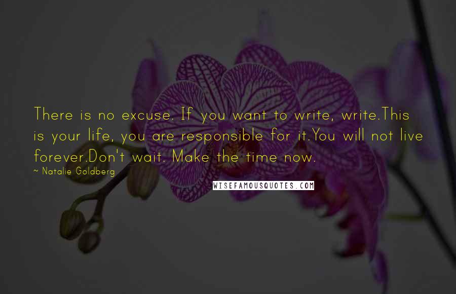 Natalie Goldberg Quotes: There is no excuse. If you want to write, write.This is your life, you are responsible for it.You will not live forever.Don't wait. Make the time now.