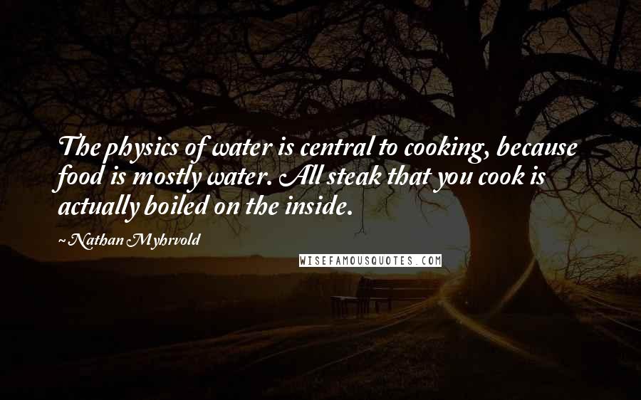 Nathan Myhrvold Quotes: The physics of water is central to cooking, because food is mostly water. All steak that you cook is actually boiled on the inside.