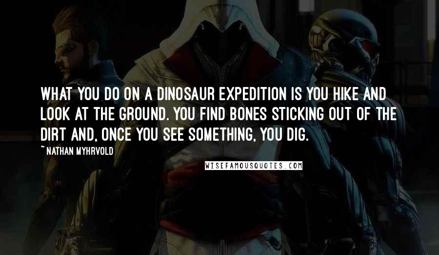 Nathan Myhrvold Quotes: What you do on a dinosaur expedition is you hike and look at the ground. You find bones sticking out of the dirt and, once you see something, you dig.