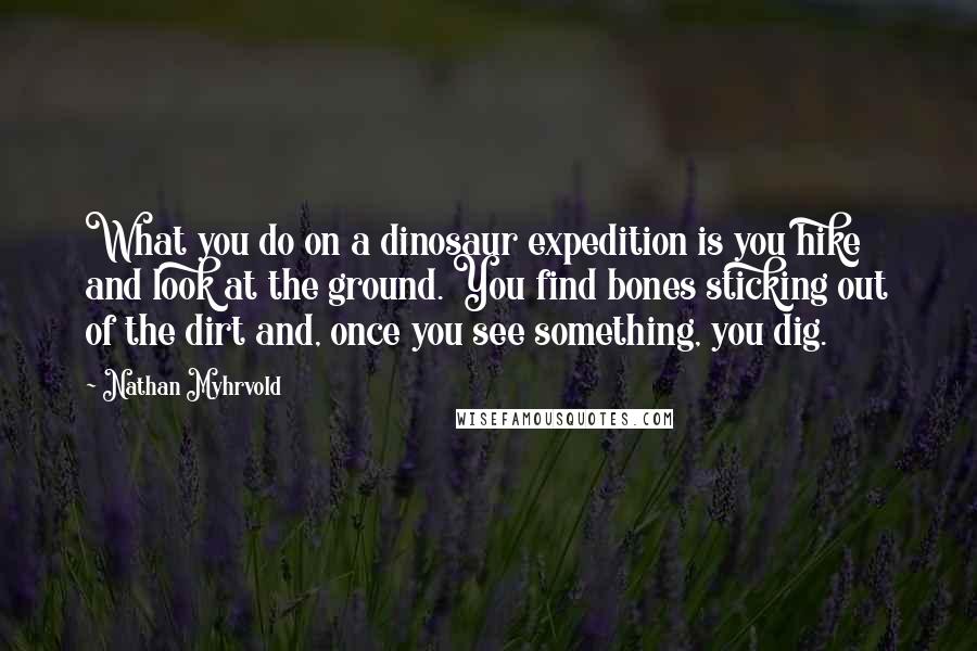 Nathan Myhrvold Quotes: What you do on a dinosaur expedition is you hike and look at the ground. You find bones sticking out of the dirt and, once you see something, you dig.