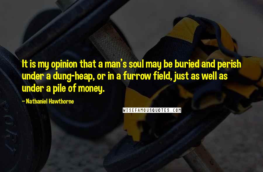 Nathaniel Hawthorne Quotes: It is my opinion that a man's soul may be buried and perish under a dung-heap, or in a furrow field, just as well as under a pile of money.