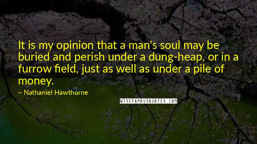 Nathaniel Hawthorne Quotes: It is my opinion that a man's soul may be buried and perish under a dung-heap, or in a furrow field, just as well as under a pile of money.