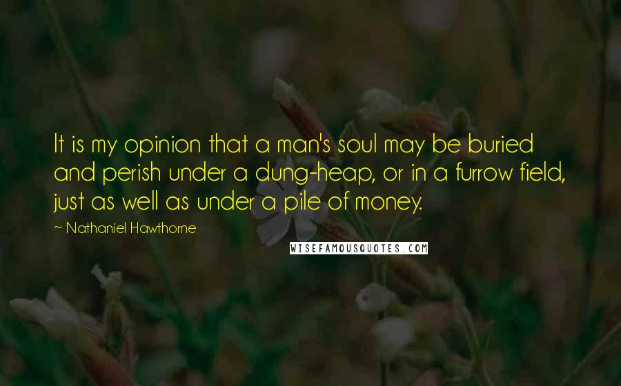 Nathaniel Hawthorne Quotes: It is my opinion that a man's soul may be buried and perish under a dung-heap, or in a furrow field, just as well as under a pile of money.