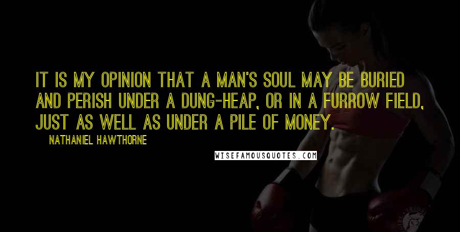 Nathaniel Hawthorne Quotes: It is my opinion that a man's soul may be buried and perish under a dung-heap, or in a furrow field, just as well as under a pile of money.